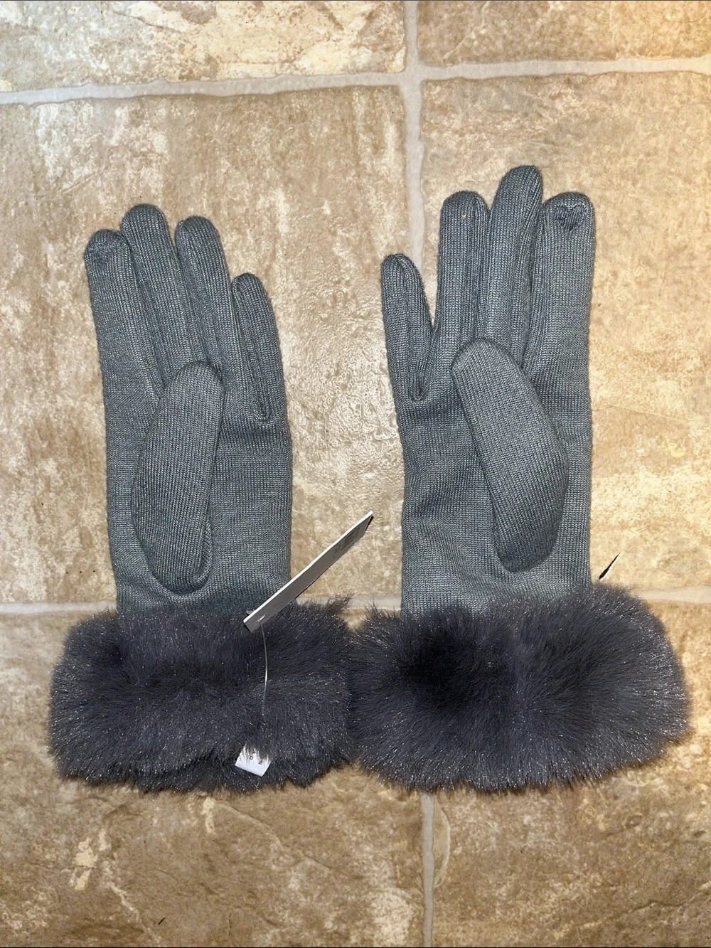 NWT LC Lauren Conrad Charcoal Gray Knit Gloves with Faux Fur Trim